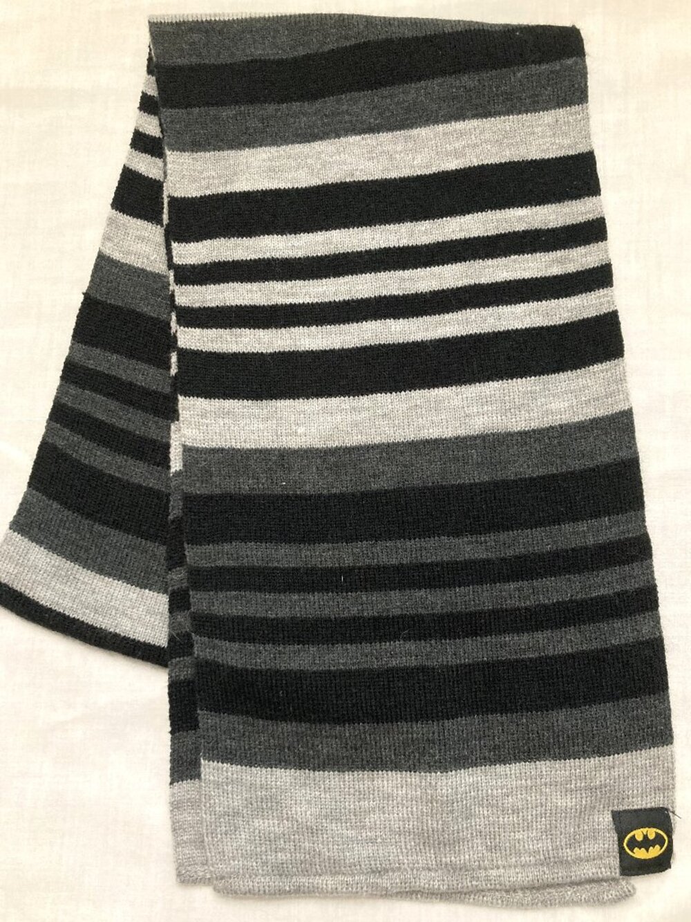 Share Batman Black & Gray Striped Knit Scarf w/ Logo Tag Superhero Comic Book DC